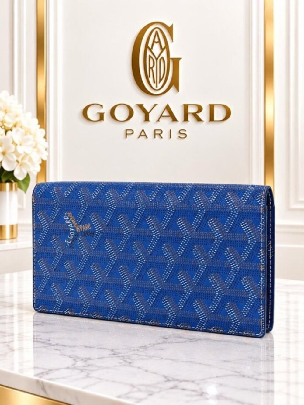 Authentic Goyard Blue Goyardine Long Flap Wallet Continental Bifold Luxury